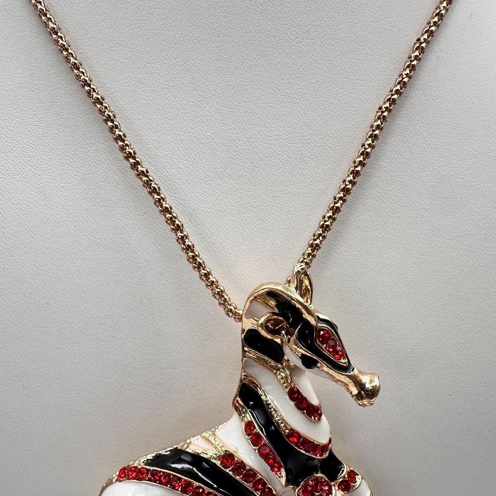 Vintage 90s Betsey Johnson Zebra Pendant Necklace Red Rhinestone Fashion Jewelry - Picture 11 of 13